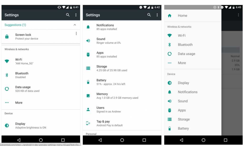 Settings of Android N